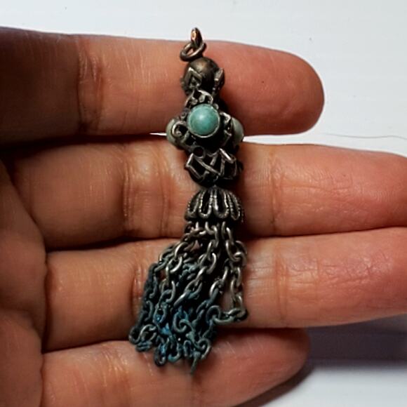 Antique Chain Dangle Pendant 2" Small Baby Blue Cabochons Patina - Picture 2 of 7